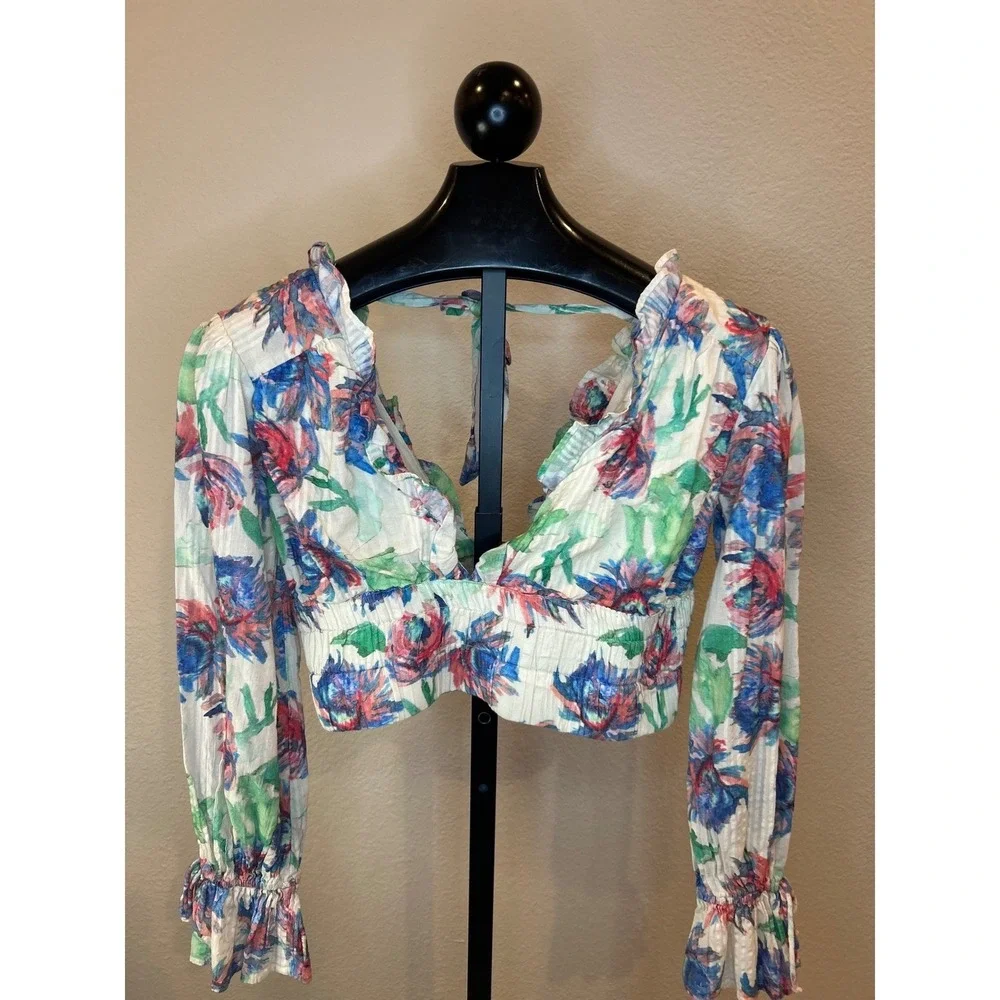 Anthropologie Floral Print Ruffle V Neck Cropped Long Sleeve Top Size S